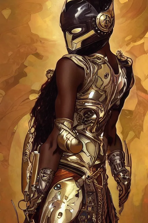 Image similar to art by artgerm and alphonse mucha, ultra realistic illustration, wakandan warrior in a steampunk style armor, hacknaut cyberpunk, sci - fi, fantasy, intricate, elegant, highly detailed, digital painting, artstation, concept art, smooth, sharp focus, illustration.