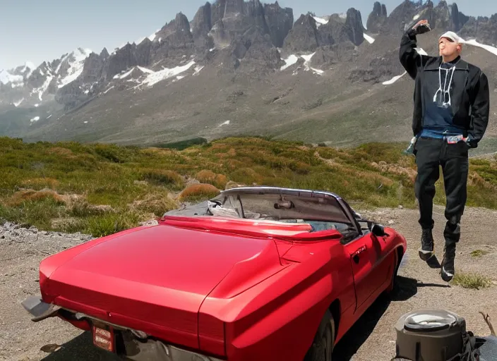 Image similar to a very high resolution image from a new movie, eminem shooting a car. mountains, directed by wes anderson