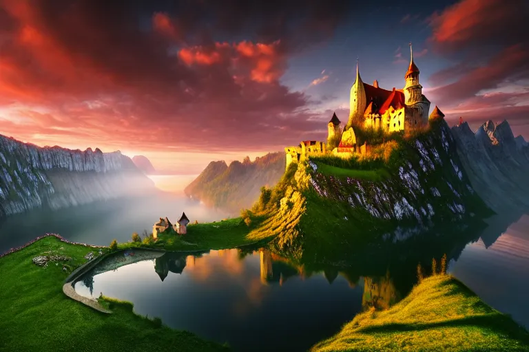 Image similar to Gediminas Pranckevicius amazing landscape photo of mountains with lake and castle on top of a waterfall at infinite view at sunset by marc adamus beautiful dramatic lighting very detailed 8k wallpaper,