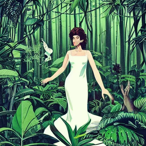 Image similar to elegant woman, white dress, dense jungle, trees, huge flowers, risograph!, omnious, dark, oldschool vintage sci - fi flat surreal design, super - detailed, art nouveau, hd, 4 k, high quality