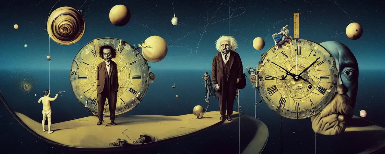 Image similar to duotone surreal illustration 3 / 4 portrait of albert einstein measuring time on salvadore dali clock in outer space dark starry background. golden ratio accidental renaissance. by sachin teng and sergey kolesov and ruan jia and heng z. graffiti art, scifi, fantasy, hyper detailed. octane render. concept art. trending on artstation