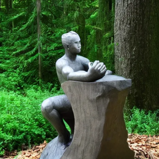 Image similar to The thinker sculpture in the style of William Bartram mushrooms at the base , placed in a lush forest