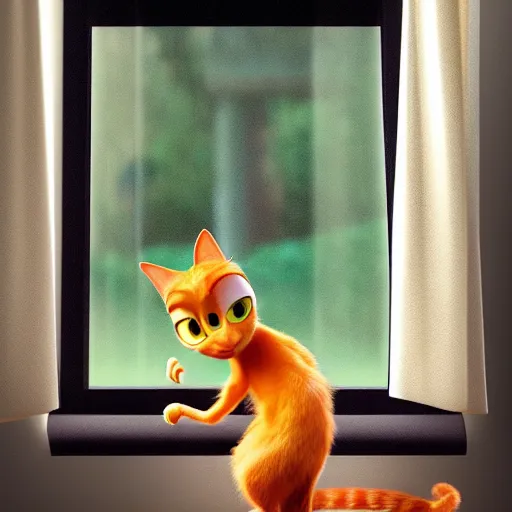Image similar to a happy cat with big eyes looking for a cup of coffee in beautiful morning at a house window. Pixar Disney 4K 3d render funny animation movie Oscar winning trending on ArtStation and Behance. Ratatouille style.