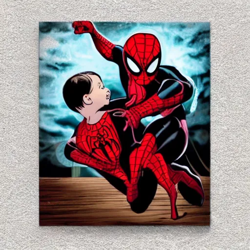 Image similar to spiderwoman abducting a child, realistic