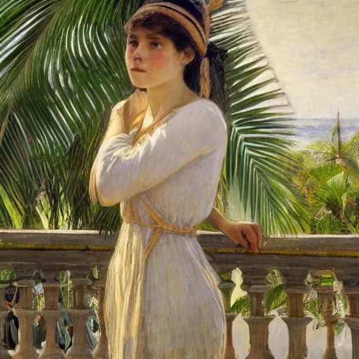 Image similar to a ultradetailed beautiful painting of a girl in the amazonas palace balustrade designed by jules bastien - lepage, hans belmer, frank weston and gustave baumann, beach, trending on artstation, mediterranean, palm trees, detailed face, sharp focus, soft light, 8 k 4 k