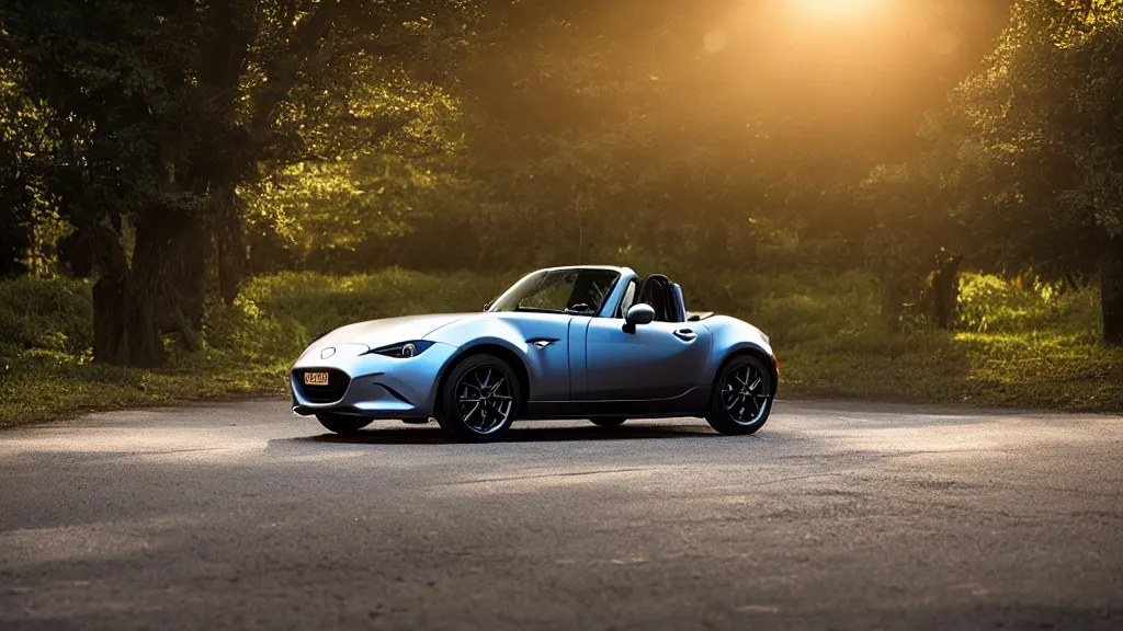 Image similar to a mazda mx - 5, white balance, 8 k, rim lighting, led, lumen global illumination, glowing, glow - in - the - dark, fog, ray tracing reflections