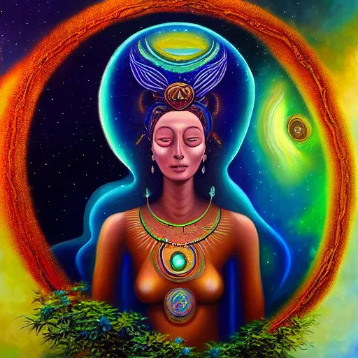 Image similar to goddess of earth, astral spirit space journey in oil painting, ayahuasca, trending on artstation, award winning, emotional, highly detailed ethereal surrealist art