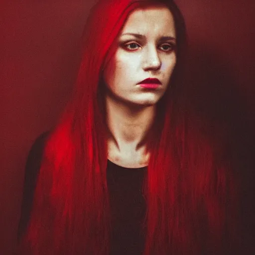 Image similar to a photo of a young woman. moody and melanchonic. red, yellow