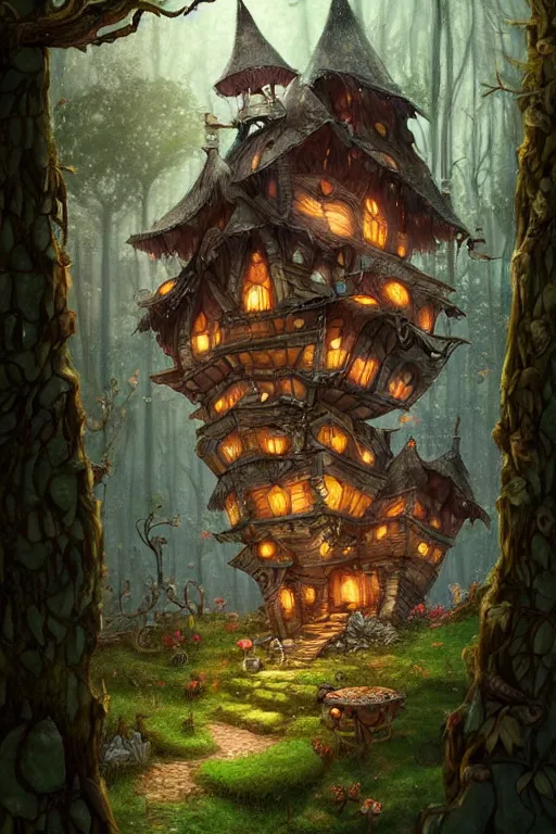 Image similar to a storybook illustration of a ramshackle multistory fairytale hut in the forest, intricate, elegant, fantasy, highly detailed, digital painting, concept art, sharp focus, artstation