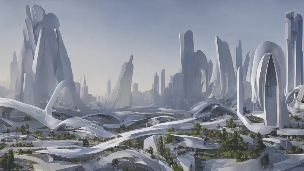 Prompt: utopian city made out of glistening, white marble, nature backdrop, mountainous, fusion between historical and modern futuristic architecture, zaha hadid, rome, minimalism 4k, oil painting