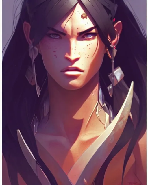 Image similar to azctec warrior, megan fox, detailed perfect face, exquisite details, fire magic, mid view, design on a white background, by studio muti, greg rutkowski makoto shinkai takashi takeuchi studio ghibli