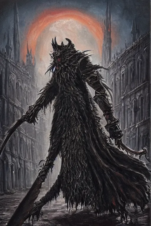 Image similar to bloodborne werewolf oil painting, horror, lovecraftian horror,