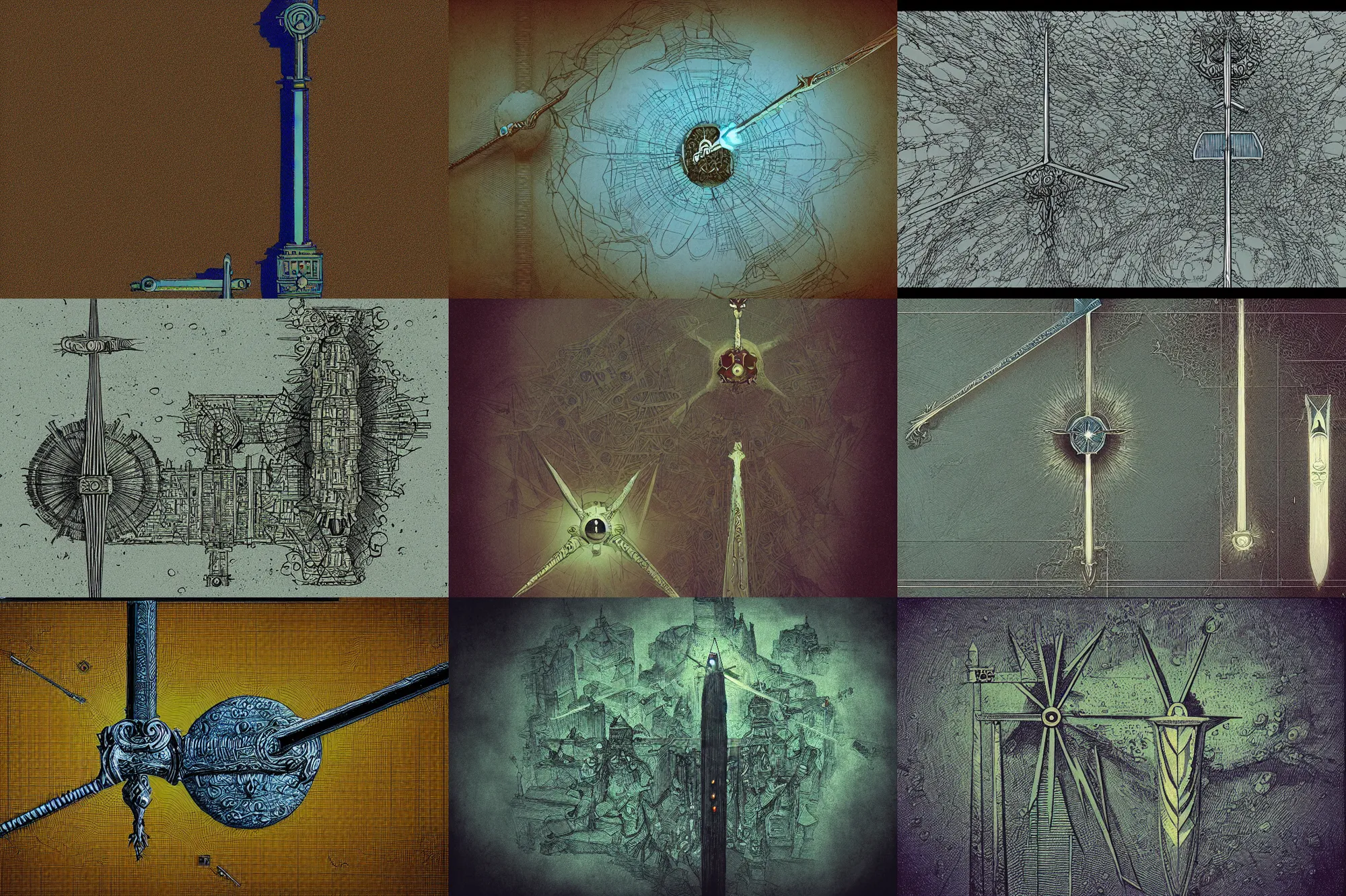 Prompt: the sword of damocles in the style of tim white and leo and diane dillon, trending on artstation, halfrear lighting camera view from above blueprint, lovecraftian, american romanticism, sabattier filter, dada