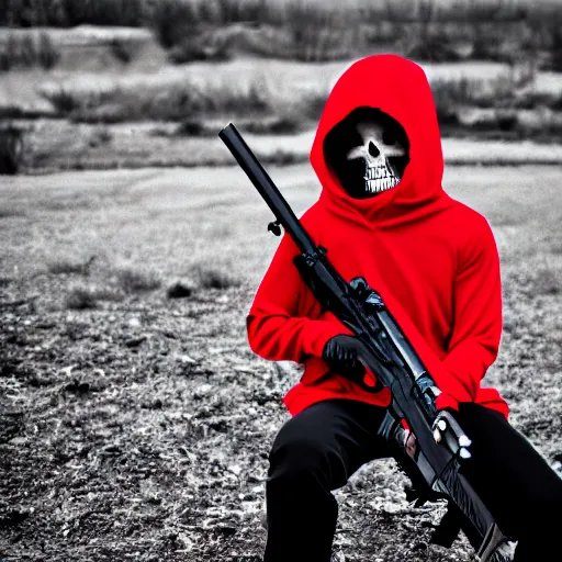 Image similar to a skeleton in a red hoodie with a rifle