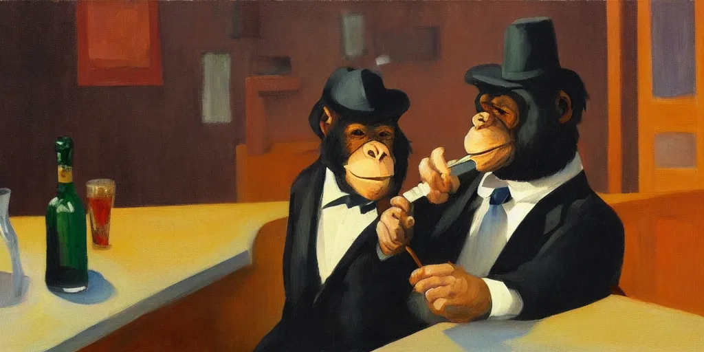 Image similar to Painting in the style of Edward Hopper featuring a chimp sitting at a bar, wearing a suit and a hat, smoking a cigar and drinking whisky. Rainy weather