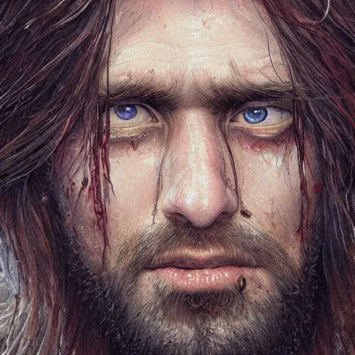 Prompt: UHD closeup of a Photorealistic long haired man with a giant gaping hole in his chest, heart exploding, with incredible amount of blood gushing out by Antonio Caparo and Ferdinand Knab and Greg Rutkowski, UHD, photorealistic, trending on artstation, trending on deviantart