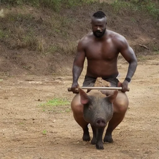 Prompt: camera footage of a shirtless african man with a with mohawk and beard holding a hammer while riding a wild pig, 4 k, realistic, real life, award winning, dramatic, detailed face