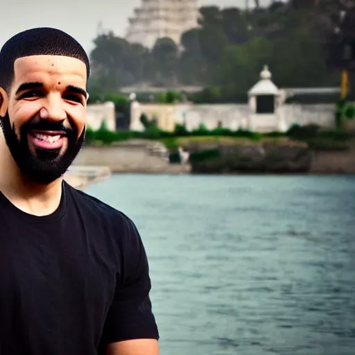 Prompt: photo of drake smiling, short hair, beard, hindu temple in background