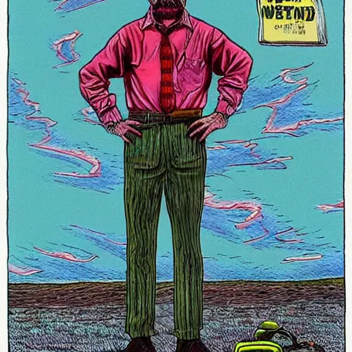 Image similar to The Artwork of R. Crumb and his Cheap Suit Breaking-Bad-Walter-White, pencil and colored marker artwork, trailer-trash lifestyle