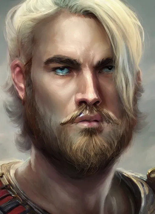 Image similar to tristan fulcher livedoce young man with short white fringe white hair and moustache, dndbeyond, bright, colourful, realistic, dnd character portrait, full body, pathfinder, pinterest, art by ralph horsley, dnd, rpg, lotr game design fanart by concept art, behance hd, artstation, deviantart, hdr render in unreal engine 5