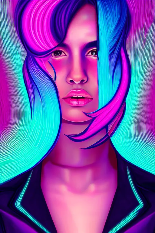 Image similar to a award winning half body portrait of a beautiful woman with stunning eyes in a croptop and cargo pants with ombre purple pink teal hairstyle by thomas danthony, surrounded by whirling illuminated lines, outrun, vaporware, shaded flat illustration, digital art, trending on artstation, highly detailed, fine detail, intricate