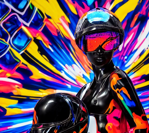 Prompt: portrait of a glossy black marble statue of an anime girl with colorful motocross logos and motorcycle helmet with reflective mirrored visor, colorful billboards in the background, carved marble statue, fine art, in the style of virgil abloh, in the style of takashi murakami,