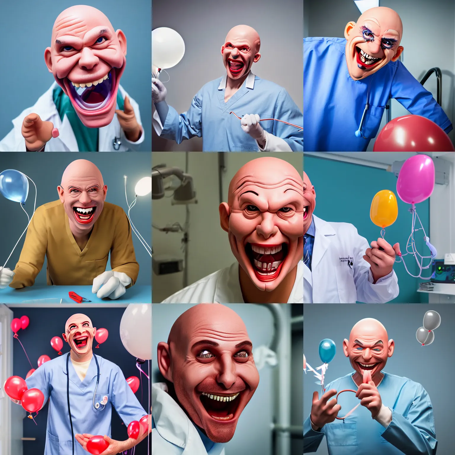 Prompt: evil bald surgeon laughing maniacally hyperrealistic detailed style detailed photorealistic face brightly lit room pulling balloons out of patient