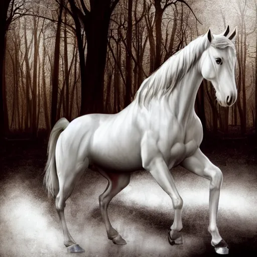 Prompt: an all white horse, with no facial features, like a white mask pulled over their face, full body laying in a blood red pool of water between a golden mirror frame, inside the frame of the mirror is the bohemian grove sacrifice ritual and outside the mirror frame is a deep space., physically accurate, dynamic lighting, intricate, elegant, highly detailed, very very Roberto Ferri, sharp focus, very very unsettling, very terrifying, illustration, art