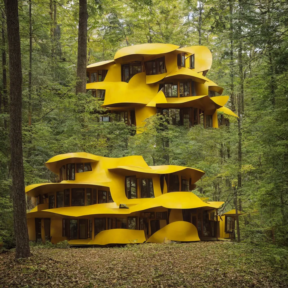 Image similar to architecture ad for a mid-century modern house in the middle of the forest, designed by Frank Gehry. Film grain, cinematic, yellow hue