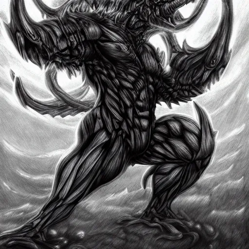 Image similar to full body grayscale drawing by Anato Finnstark of muscled horned humanoid beast, swirling flames