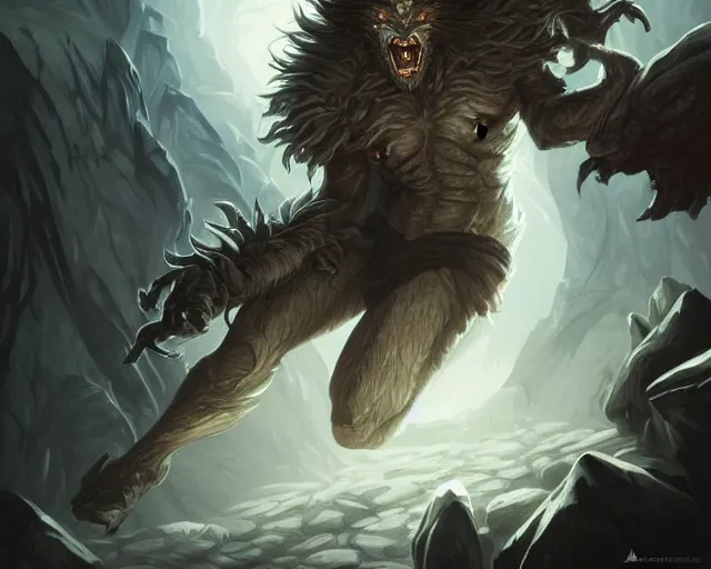 Prompt: lycanthrope who is unintelligent and has unruly hair along with a death wish, deep focus, d & d, fantasy, intricate, elegant, highly detailed, digital painting, artstation, concept art, matte, sharp focus, illustration, hearthstone, art by artgerm and greg rutkowski and alphonse mucha