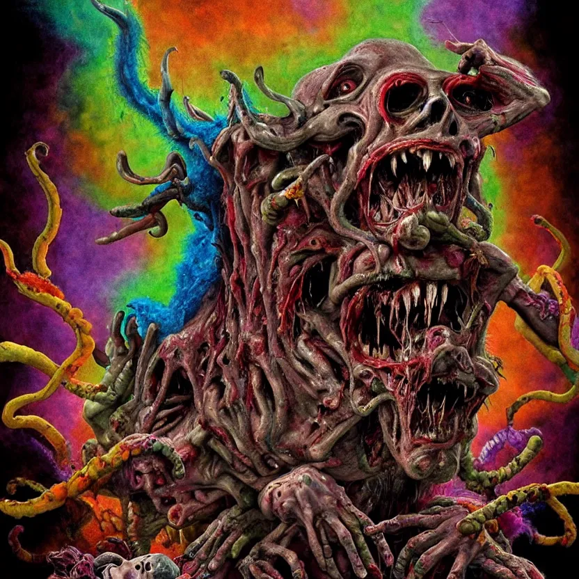 Image similar to a beautiful, colorful, flesh - eating, whimsical demon with rainbow fur, seven arms, seven legs, three heads, eating a screaming priest, standing on a pile of corpses, by alexandro judorowski and david cronenberg, fear, morbid, nightmare, supernatural, 8 k, digital art, highly detailed, chiaroscuro, creepy, terrifying