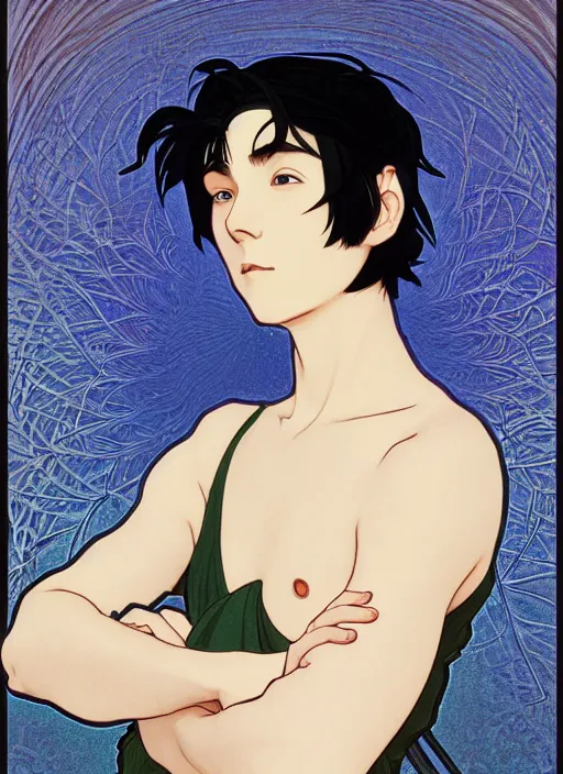 Image similar to handsome young man with short black hair, male, dressed in blue, half body shot, arms folded, path traced, highly detailed, high quality, digital painting, by studio ghibli and alphonse mucha, leesha hannigan, hidari, art nouveau, chiho aoshima, posuka demizu, atey ghailan, artgerm, ayami kojima