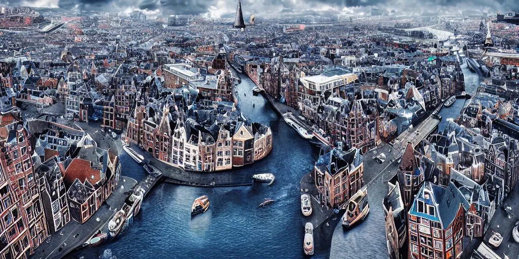 Image similar to futuristic photo of Amsterdam in a sci-fi style, 8K, hyper realistic, very detailed,