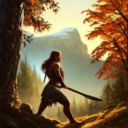 Image similar to a warrior, female, she carries an axe, the axe is resting on her shoulder, she is grabbing a nearby tree, looking onto the horizon, a big wolf is next to her, fall, mountain landscape, portrait by magali villeneuve and ames jean and artgerm and greg rutkowski, 4 k, artstation, realistic, cinematic composition, d & d