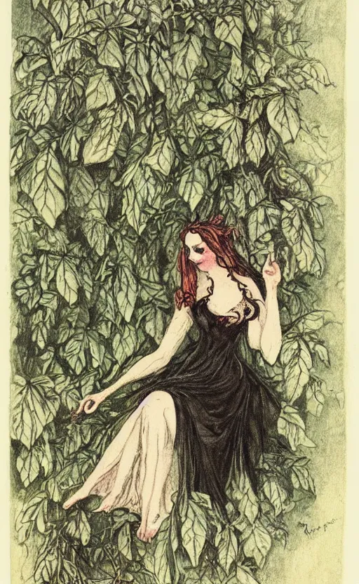 Image similar to dark gothic fairy wearing a gown posing with castor bean plant by Cicely Mary Barker