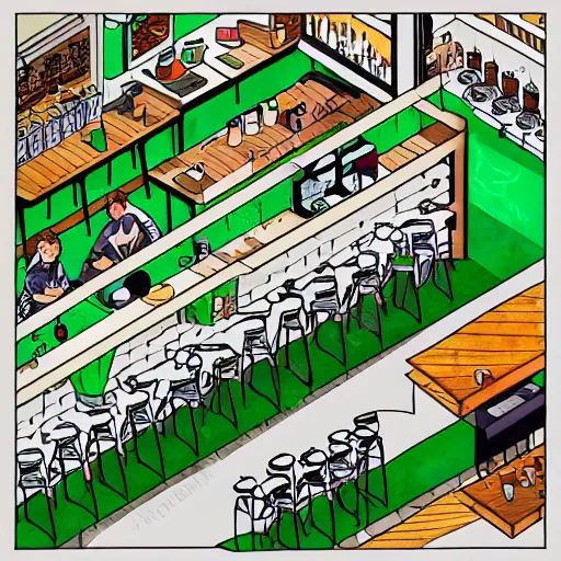 Prompt: vector drawn line art of cannabis cafe, isometric art, shading layer complete watercolor