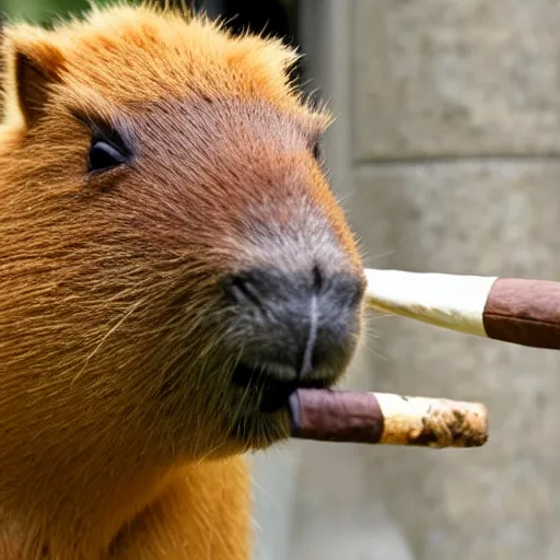 Image similar to an accurate capybara wearing a business suit and smoking a cigar in his mouth