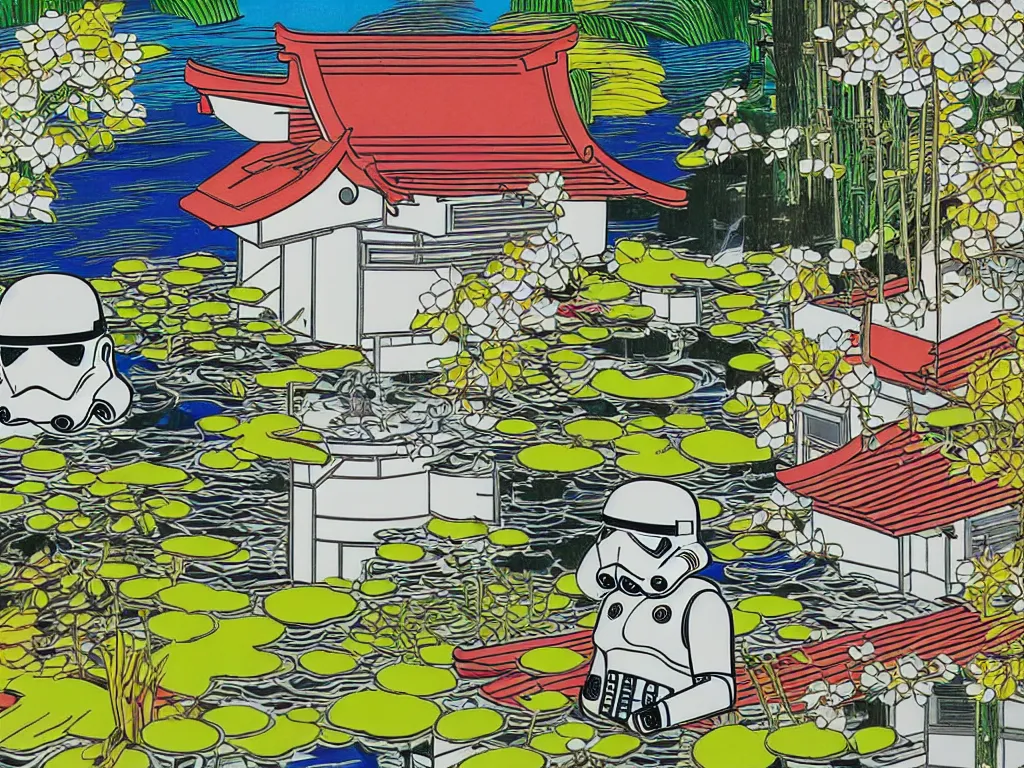 Image similar to detailed close - up image of the japanese home with a garden and a pond, 2 stormtroopers sitting around it, pop - art style, jacky tsai style, andy warhol style, roy lichtenstein style, rich palette, acrylic on canvas