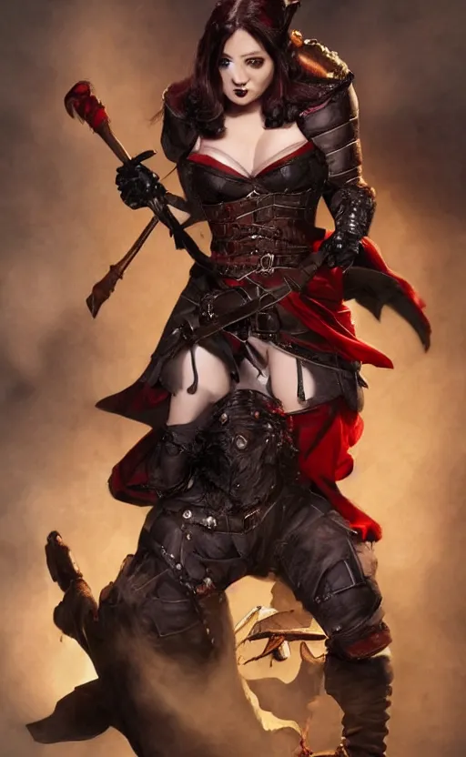 Prompt: epic fantasy d & d female halfling rogue riding on top of mr wobbles, black hair, red leather corset, cinematic, beautiful lighting, heroic