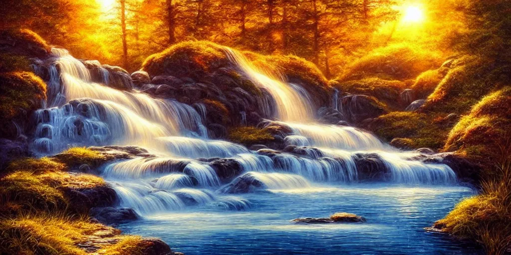 Image similar to golden hour waterfall nature landscape, matt painting, oil painting, ultra realistic, highly detailed, hd, sharp focus, cinematic lighting, warm colors, realistic, photorealistic, vivid colors, painting, non blurry, sharp, smooth, illustration