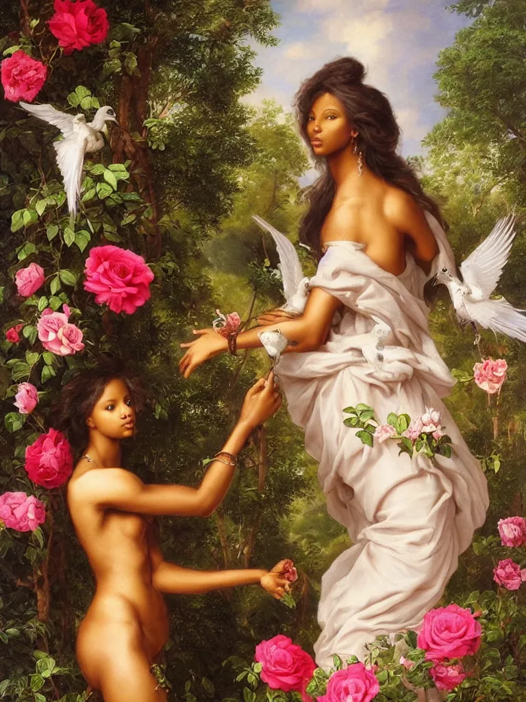 Image similar to jasmine tookes the goddess of love : : background of roses, myrtle, doves : : rococo, academicism