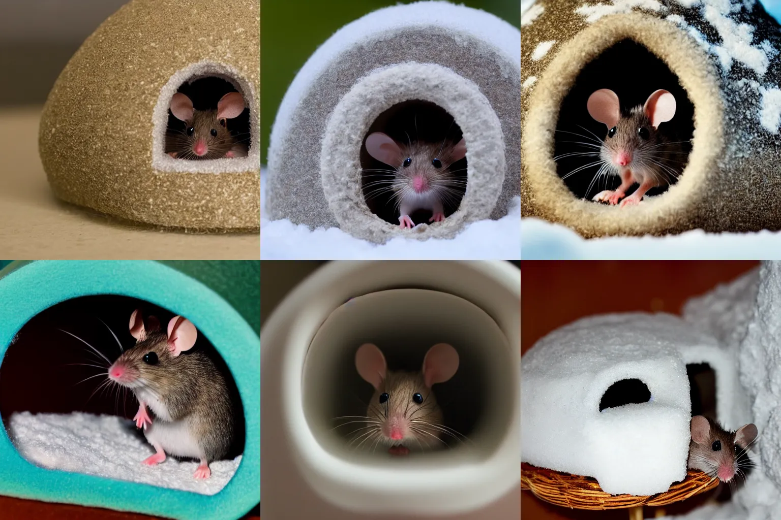 Prompt: Photo of a mouse living in a tiny igloo.