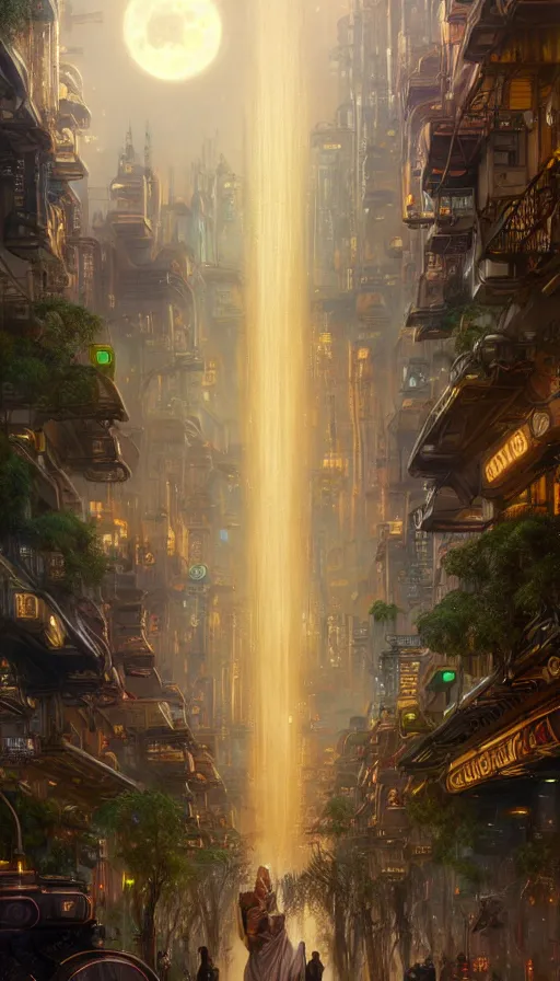 Image similar to golden goddess cutting a hyper realistic cyberpunk city in half with magic, crowded market street overtaken by lush plants, kittens, full moon, light rays, gnarly trees by tom bagshaw, mucha, gaston bussiere, craig mullins, j. c. leyendecker 8 k