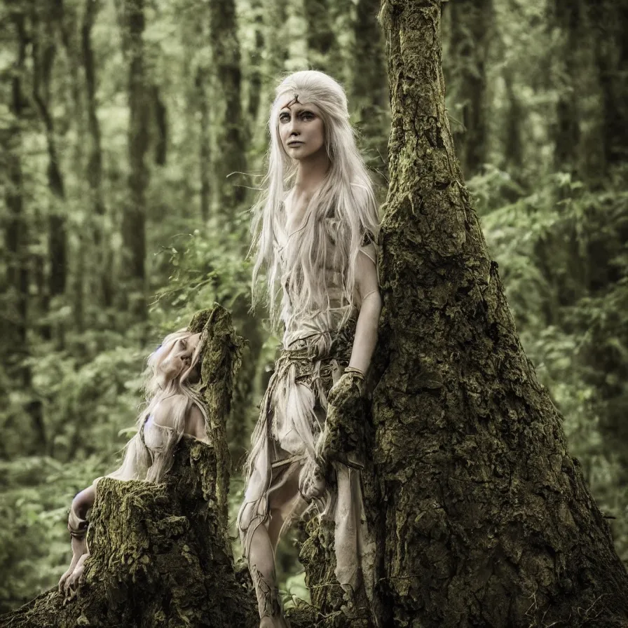 Prompt: A photo of a beautiful and dangerous Elven Queen in her forest; natural light; f/1.4; 90mm