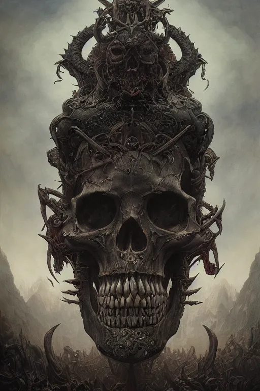 Image similar to gigantic demonic skull lord of death, fantasy painting, ultra realistic, wide angle, art nouveau, intricate details, rainbowshift, vivid colors, highly detailed by peter mohrbacher, h. r. giger, maxfield parrish, gaston bussiere, gustave dore, beksinski, craig mullins, octane render, cgi