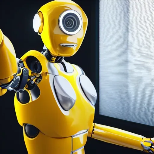 Image similar to still photo of a yellow robot, highly detailed, photorealistic portrait, bright studio setting, studio lighting, crisp quality and light reflections, unreal engine 5 quality render,