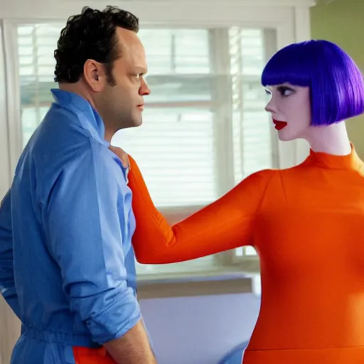 Image similar to vince vaughn as jack fenton, he is wearing orange coveralls bodysuit, and christina hendricks as maddie fenton, she is wearing a tight teal bodysuit, movie photo, spooky netflix still shot