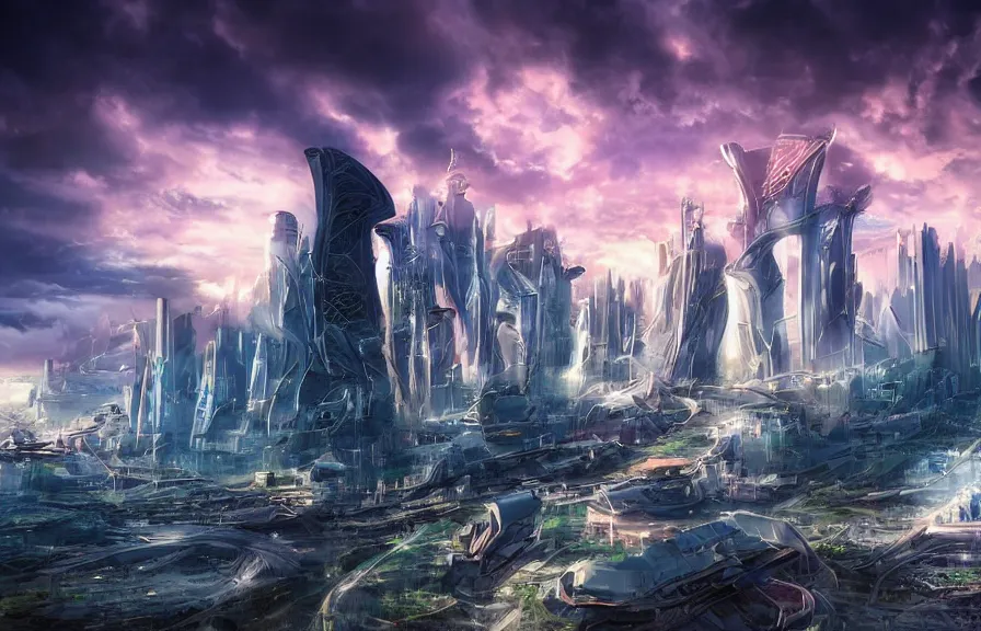 Prompt: vista of futuristic city, harmony of technology and nature, dramatic afternoon sky