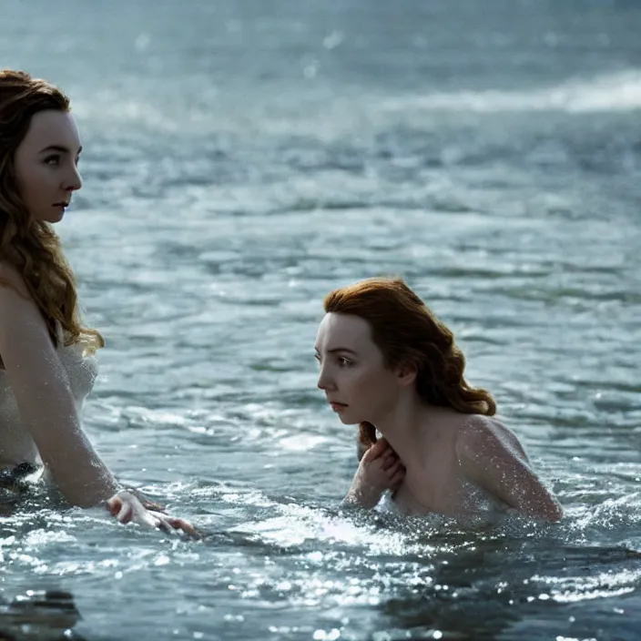 Prompt: jodie comer looking peaceful in the water, beautiful movie stills